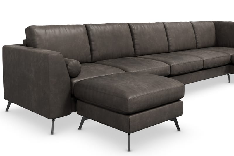Ocean Lyx 6-sits Högervänd U-formad Soffa med Divan och Schäslong + Fotpall i Konstläder - Mörkgrå - Möbler - Soffa - Divansoffor & schäslongsoffa