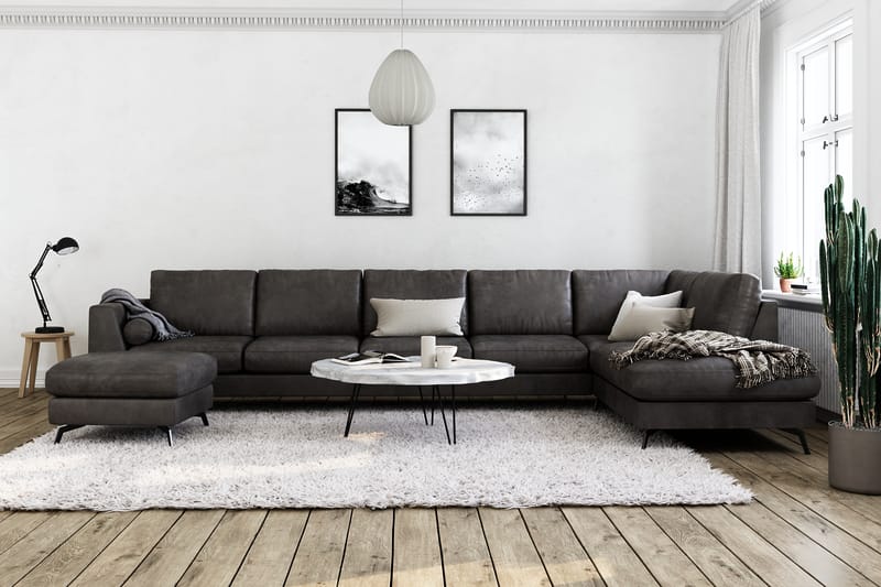 Ocean Lyx 6-sits Högervänd U-formad Soffa med Divan och Schäslong + Fotpall i Konstläder - Mörkgrå - Möbler - Soffa - Divansoffor & schäslongsoffa