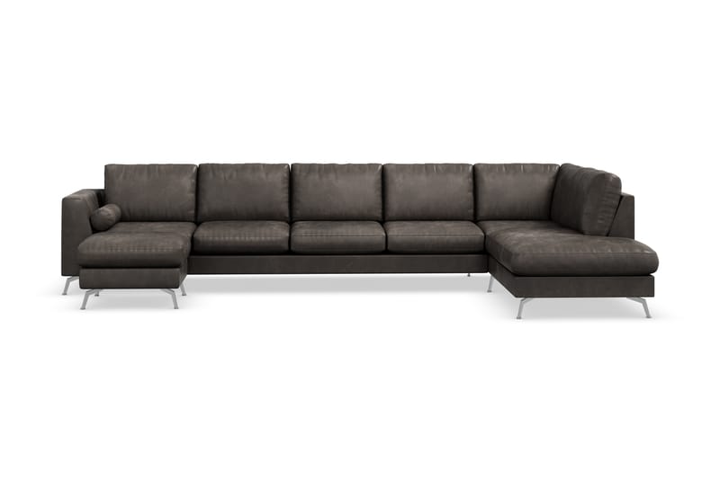 Ocean Lyx 6-sits Högervänd U-formad Soffa med Divan och Schäslong + Fotpall i Konstläder - Mörkgrå - Möbler - Soffa - Divansoffor & schäslongsoffa
