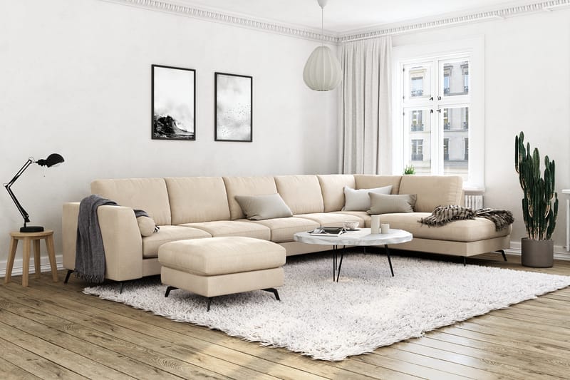 Ocean Lyx 6-sits Högervänd U-formad Soffa med Divan och Schäslong + Fotpall i Sammet - Beige - Möbler - Soffa - Divansoffor & schäslongsoffa