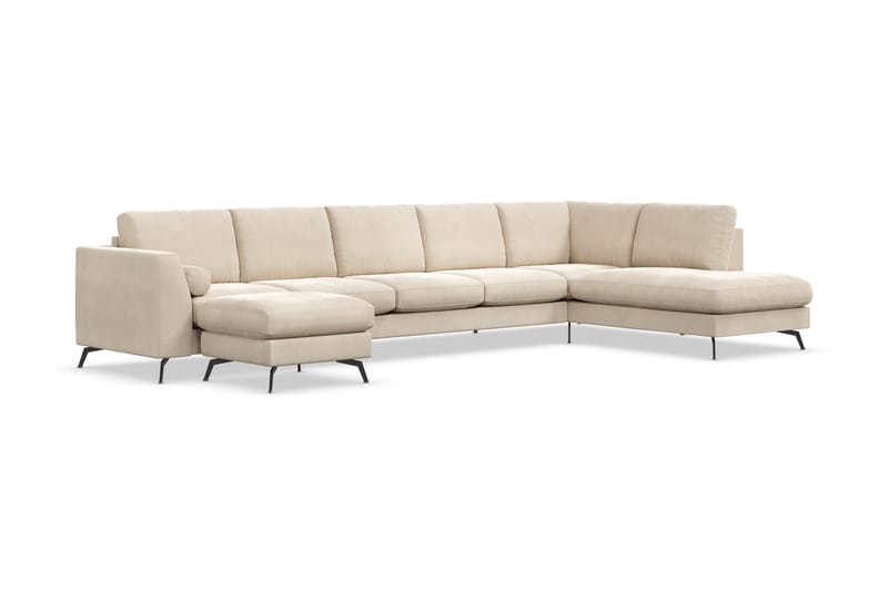 Ocean Lyx 6-sits Högervänd U-formad Soffa med Divan och Schäslong + Fotpall i Sammet - Beige - Möbler - Soffa - Divansoffor & schäslongsoffa