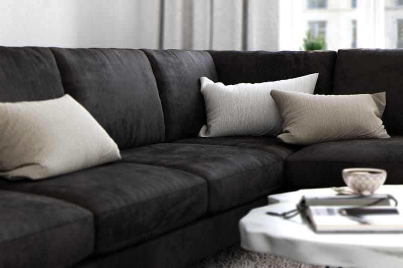 Ocean Lyx 6-sits Högervänd U-formad Soffa med Divan och Schäslong + Fotpall i Sammet - Mörkgrå - Möbler - Soffa - Divansoffor & schäslongsoffa