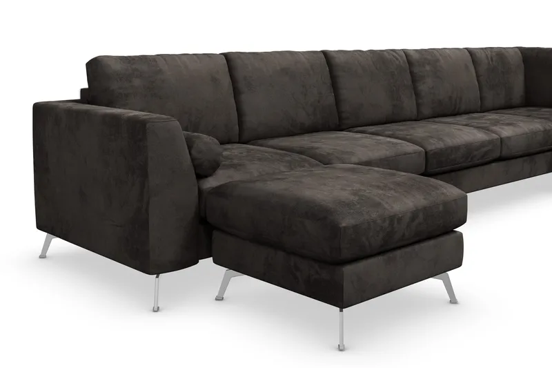 Ocean Lyx 6-sits Högervänd U-formad Soffa med Divan och Schäslong + Fotpall i Sammet - Mörkgrå - Möbler - Soffa - U-soffa