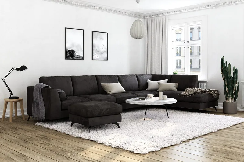 Ocean Lyx 6-sits Högervänd U-formad Soffa med Divan och Schäslong + Fotpall i Sammet - Mörkgrå - Möbler - Soffa - U-soffa