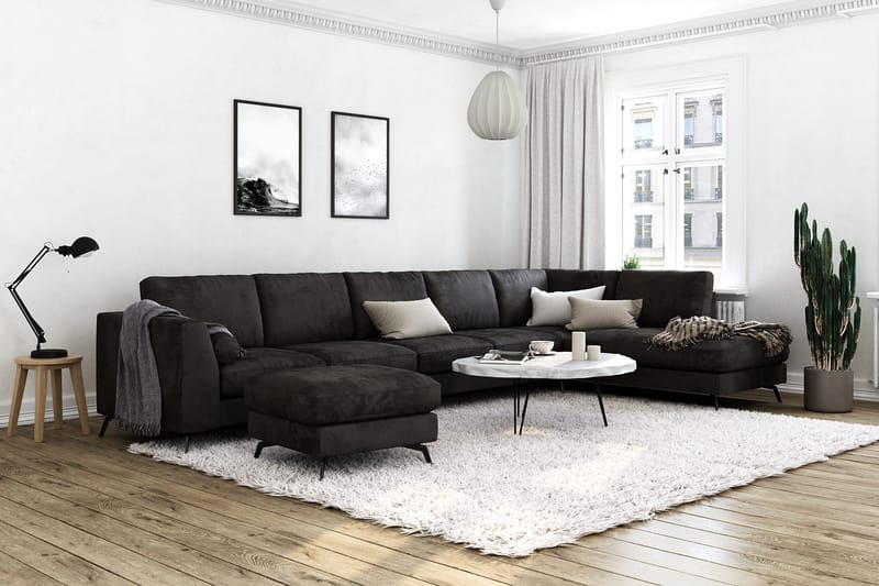 Ocean Lyx 6-sits Högervänd U-formad Soffa med Divan och Schäslong + Fotpall i Sammet - Mörkgrå - Möbler - Soffa - U-soffa