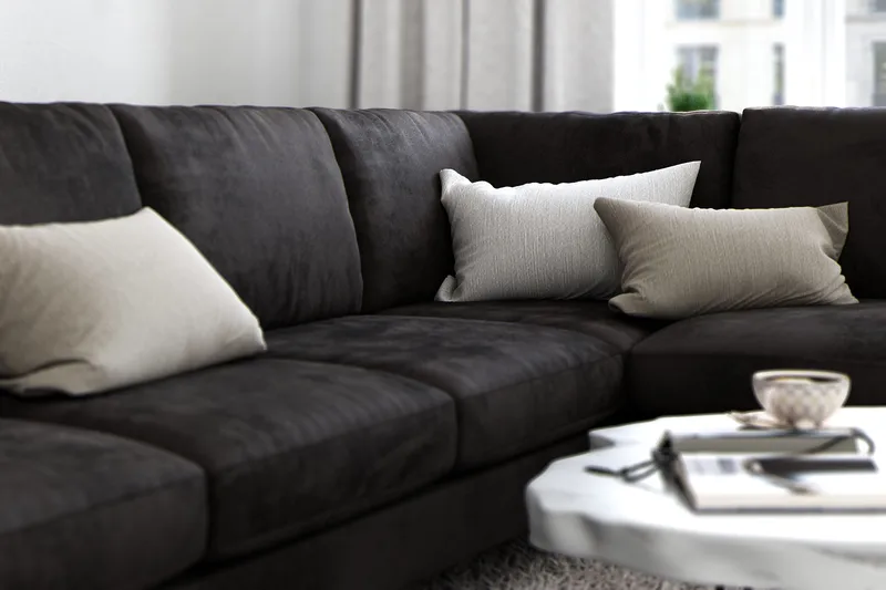 Ocean Lyx 6-sits Högervänd U-formad Soffa med Divan och Schäslong + Fotpall i Sammet - Mörkgrå - Möbler - Soffa - U-soffa