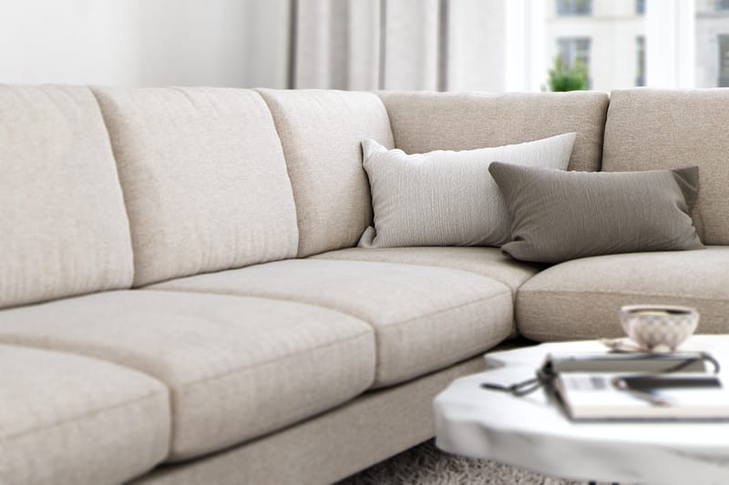 Ocean Lyx 6-sits Högervänd U-formad Soffa med Divan och Schäslong + Fotpall i Tyg - Beige - Möbler - Soffa - Divansoffor & schäslongsoffa
