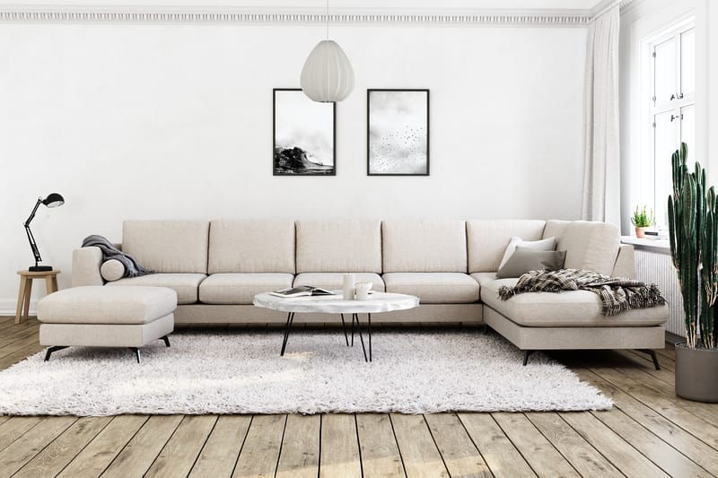 Ocean Lyx 6-sits Högervänd U-formad Soffa med Divan och Schäslong + Fotpall i Tyg - Beige - Möbler - Soffa - Divansoffor & schäslongsoffa