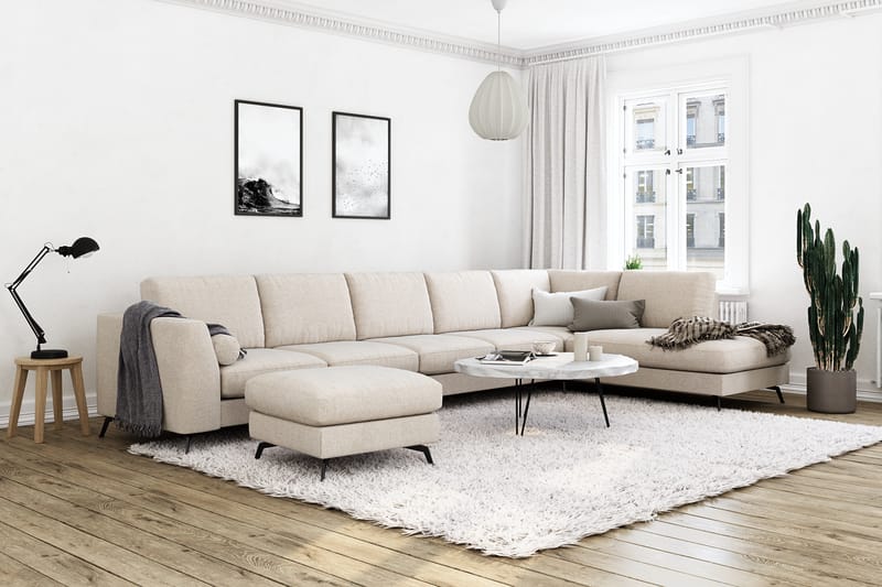 Ocean Lyx 6-sits Högervänd U-formad Soffa med Divan och Schäslong + Fotpall i Tyg - Beige - Möbler - Soffa - Divansoffor & schäslongsoffa