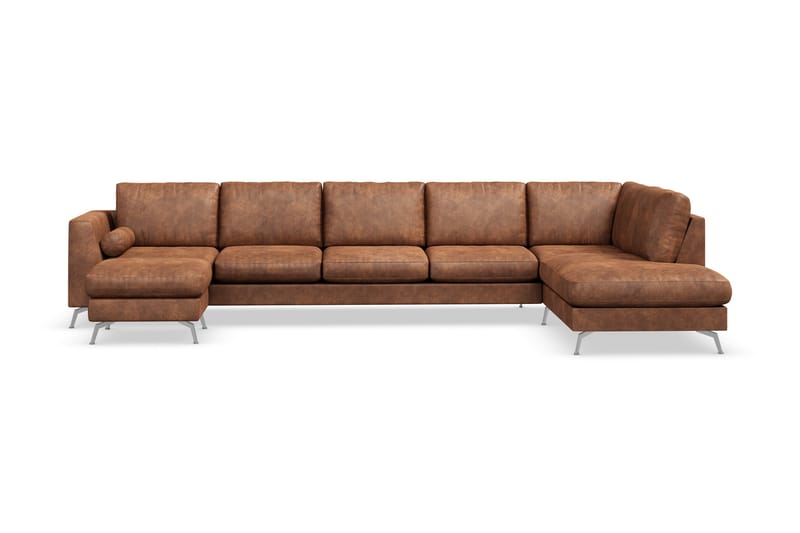 Ocean Lyx 6-sits Högervänd U-formad Soffa med Divan och Schäslong + Fotpall i Konstläder - Brun - Möbler - Soffa - U-soffa