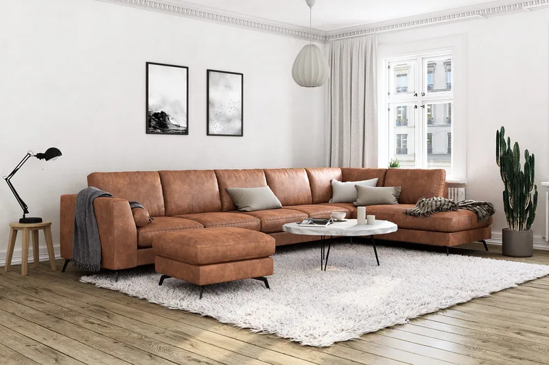 Ocean Lyx 6-sits Högervänd U-formad Soffa med Divan och Schäslong + Fotpall i Konstläder - Brun - Möbler - Soffa - U-soffa