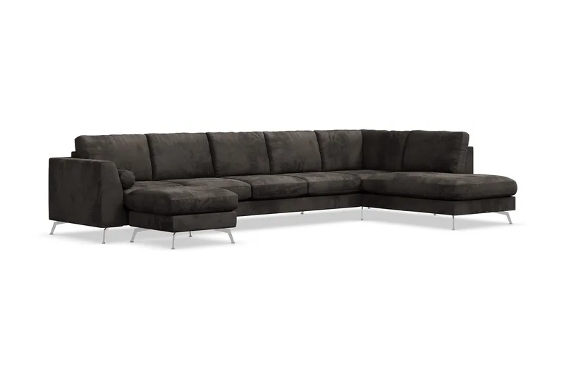 Ocean Lyx 6-sits Högervänd U-formad Soffa med Divan och Schäslong + Fotpall i Sammet - Mörkgrå - Möbler - Soffa - U-soffa