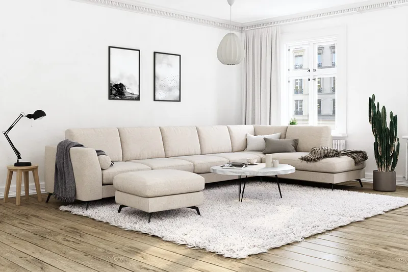 Ocean Lyx 6-sits Högervänd U-formad Soffa med Divan och Schäslong + Fotpall i Tyg - Beige - Möbler - Soffa - U-soffa