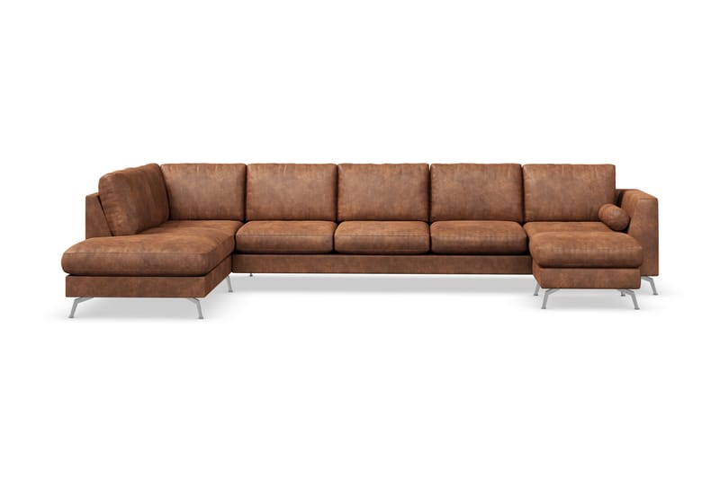 Ocean Lyx 6-sits Vänstervänd U-formad Soffa med Divan och Schäslong + Fotpall i Konstläder - Brun - Möbler - Soffa - Divansoffor & schäslongsoffa