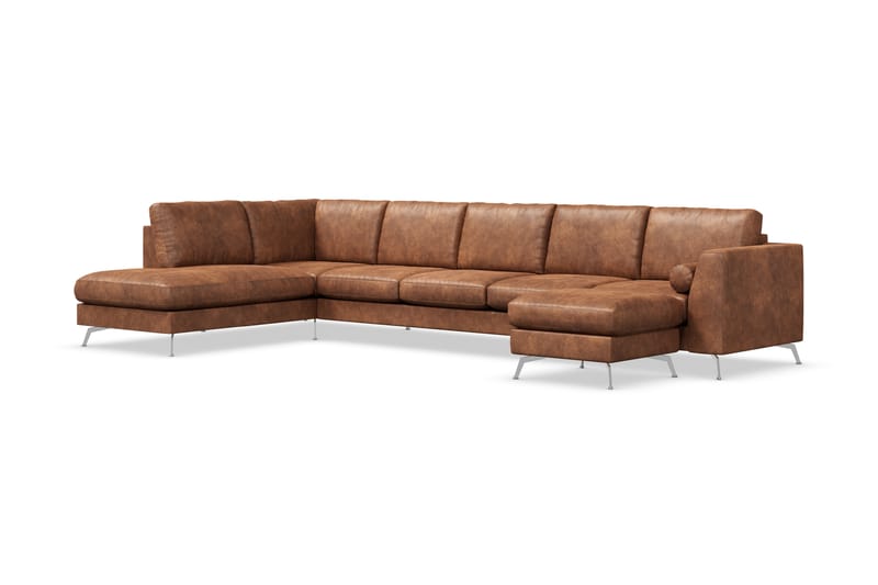Ocean Lyx 6-sits Vänstervänd U-formad Soffa med Divan och Schäslong + Fotpall i Konstläder - Brun - Möbler - Soffa - Divansoffor & schäslongsoffa