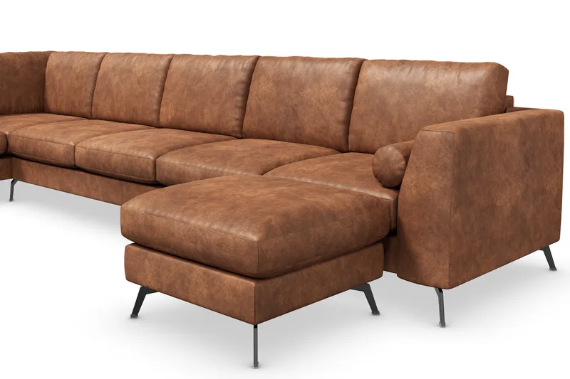 Ocean Lyx 6-sits Vänstervänd U-formad Soffa med Divan och Schäslong + Fotpall i Konstläder - Brun - Möbler - Soffa - Divansoffor & schäslongsoffa