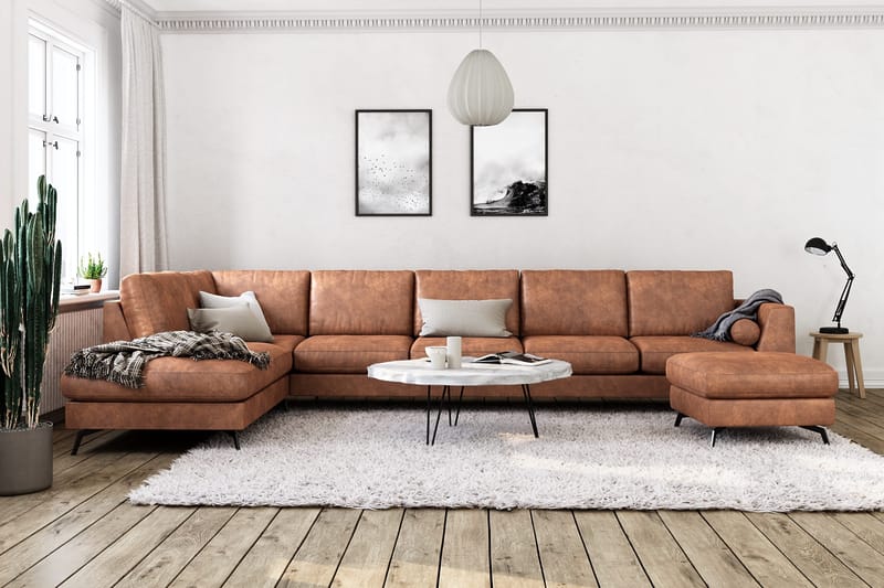 Ocean Lyx 6-sits Vänstervänd U-formad Soffa med Divan och Schäslong + Fotpall i Konstläder - Brun - Möbler - Soffa - Divansoffor & schäslongsoffa