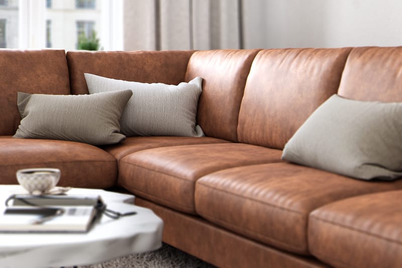 Ocean Lyx 6-sits Vänstervänd U-formad Soffa med Divan och Schäslong + Fotpall i Konstläder - Brun - Möbler - Soffa - Divansoffor & schäslongsoffa