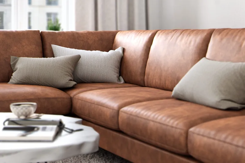 Ocean Lyx 6-sits Vänstervänd U-formad Soffa med Divan och Schäslong + Fotpall i Konstläder - Brun - Möbler - Soffa - Divansoffor & schäslongsoffa