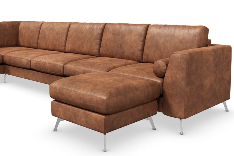 Ocean Lyx 6-sits Vänstervänd U-formad Soffa med Divan och Schäslong + Fotpall i Konstläder - Brun - Möbler - Soffa - Divansoffor & schäslongsoffa