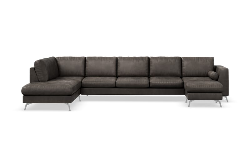 Ocean Lyx 6-sits Vänstervänd U-formad Soffa med Divan och Schäslong + Fotpall i Konstläder - Mörkgrå - Möbler - Soffa - Divansoffor & schäslongsoffa