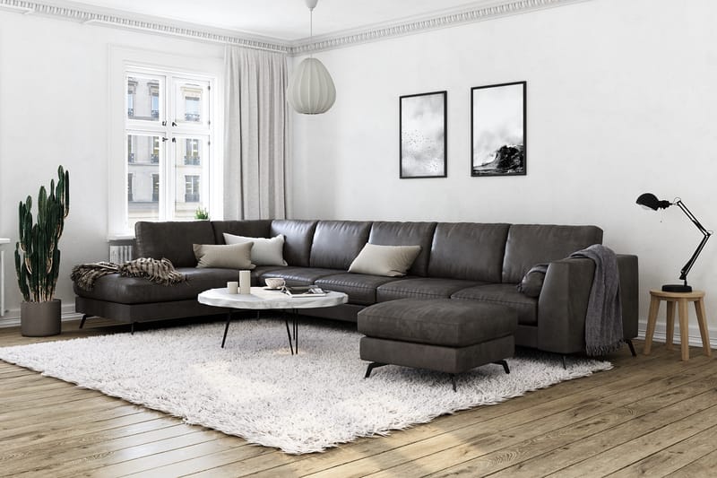 Ocean Lyx 6-sits Vänstervänd U-formad Soffa med Divan och Schäslong + Fotpall i Konstläder - Mörkgrå - Möbler - Soffa - Divansoffor & schäslongsoffa