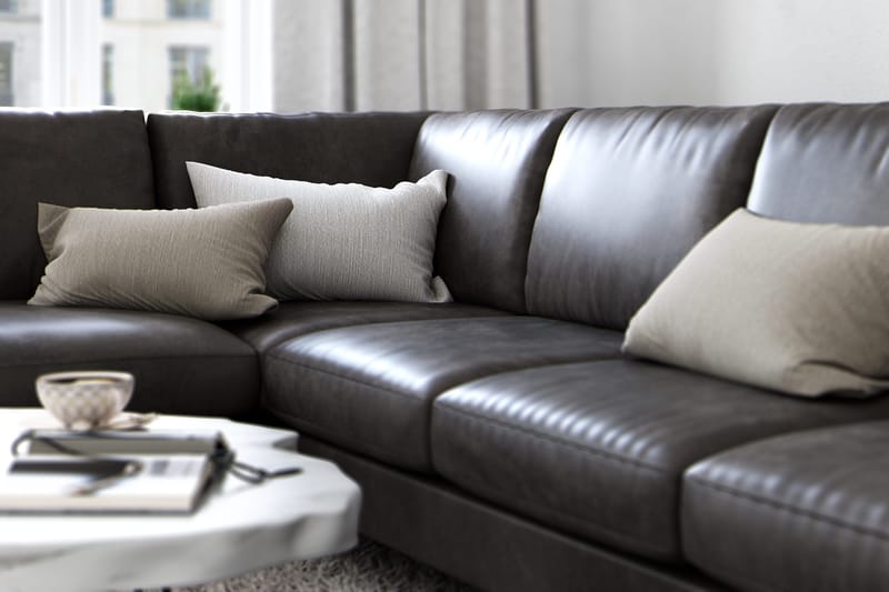 Ocean Lyx 6-sits Vänstervänd U-formad Soffa med Divan och Schäslong + Fotpall i Konstläder - Mörkgrå - Möbler - Soffa - Divansoffor & schäslongsoffa