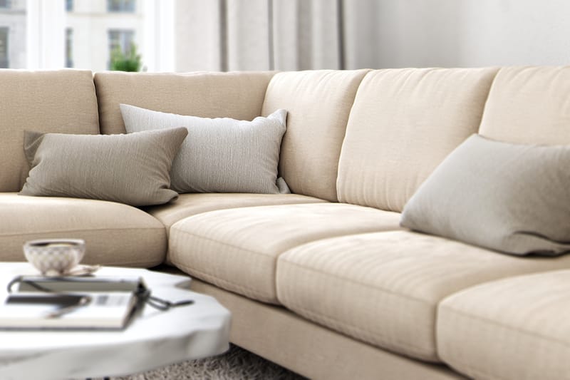 Ocean Lyx 6-sits Vänstervänd U-formad Soffa med Divan och Schäslong + Fotpall i Sammet - Beige - Möbler - Soffa - Divansoffor & schäslongsoffa