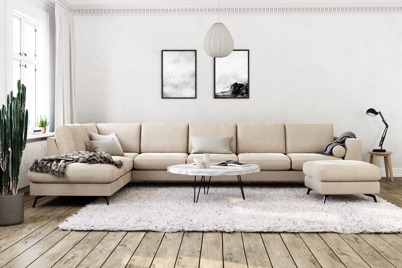 Ocean Lyx 6-sits Vänstervänd U-formad Soffa med Divan och Schäslong + Fotpall i Sammet - Beige - Möbler - Soffa - Divansoffor & schäslongsoffa