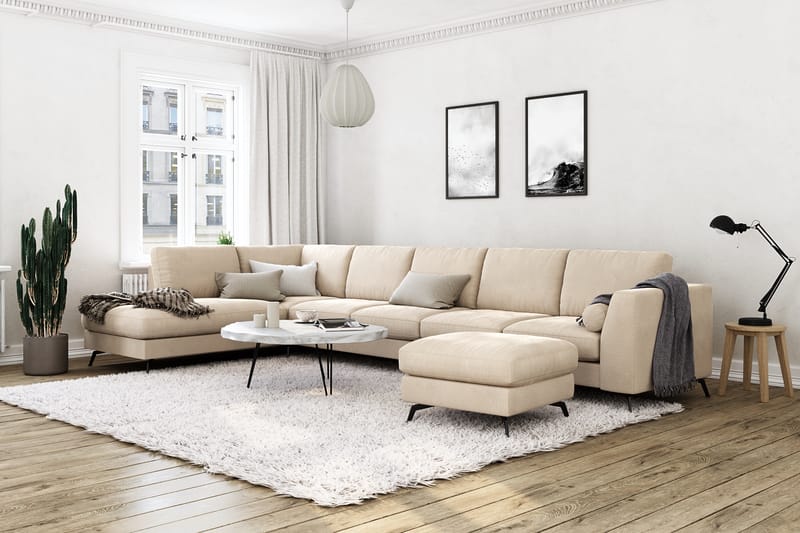 Ocean Lyx 6-sits Vänstervänd U-formad Soffa med Divan och Schäslong + Fotpall i Sammet - Beige - Möbler - Soffa - Divansoffor & schäslongsoffa
