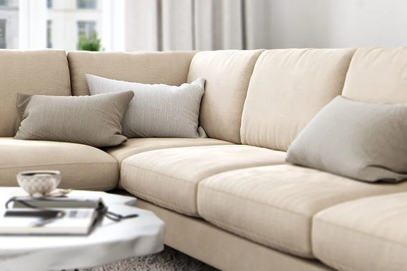 Ocean Lyx 6-sits Vänstervänd U-formad Soffa med Divan och Schäslong + Fotpall i Sammet - Beige - Möbler - Soffa - Divansoffor & schäslongsoffa