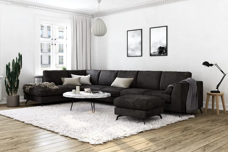 Ocean Lyx 6-sits Vänstervänd U-formad Soffa med Divan och Schäslong + Fotpall i Sammet - Mörkgrå - Möbler - Soffa - Divansoffor & schäslongsoffa