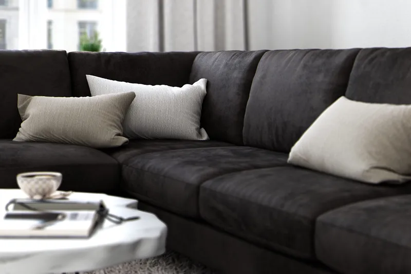 Ocean Lyx 6-sits Vänstervänd U-formad Soffa med Divan och Schäslong + Fotpall i Sammet - Mörkgrå - Möbler - Soffa - Divansoffor & schäslongsoffa