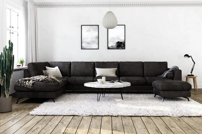 Ocean Lyx 6-sits Vänstervänd U-formad Soffa med Divan och Schäslong + Fotpall i Sammet - Mörkgrå - Möbler - Soffa - Divansoffor & schäslongsoffa