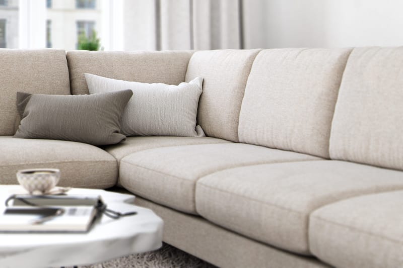 Ocean Lyx 6-sits Vänstervänd U-formad Soffa med Divan och Schäslong + Fotpall i Tyg - Beige - Möbler - Soffa - Divansoffor & schäslongsoffa