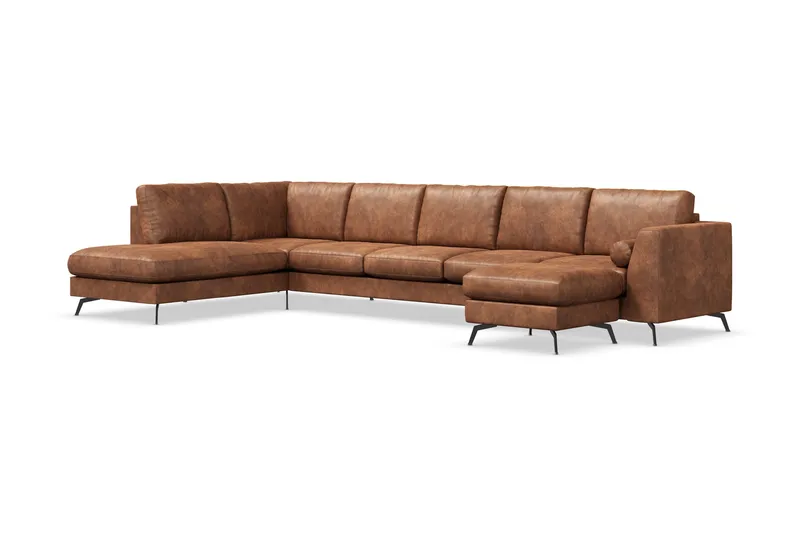 Ocean Lyx 6-sits Vänstervänd U-formad Soffa med Divan och Schäslong + Fotpall i Konstläder - Brun - Möbler - Soffa - Divansoffor & schäslongsoffa