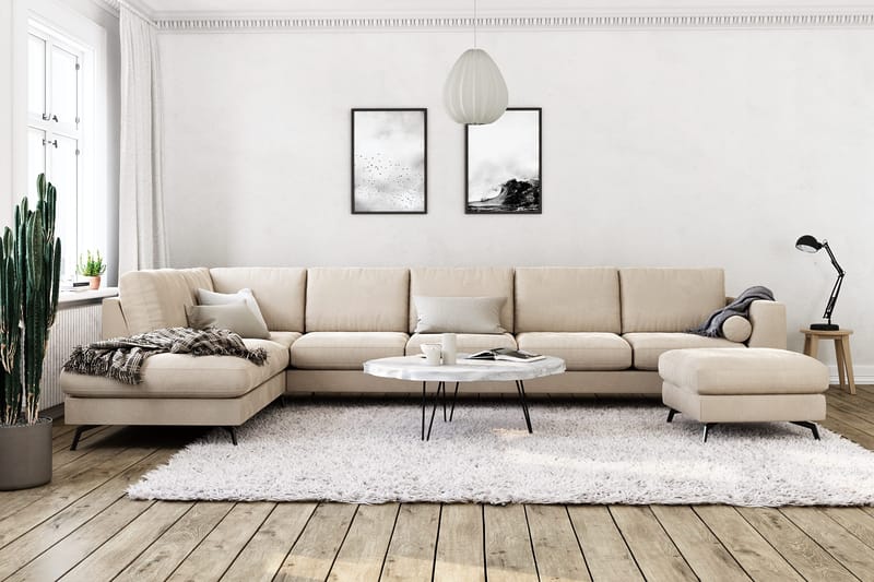 Ocean Lyx 6-sits Vänstervänd U-formad Soffa med Divan och Schäslong + Fotpall i Sammet - Beige - Möbler - Soffa - Divansoffor & schäslongsoffa