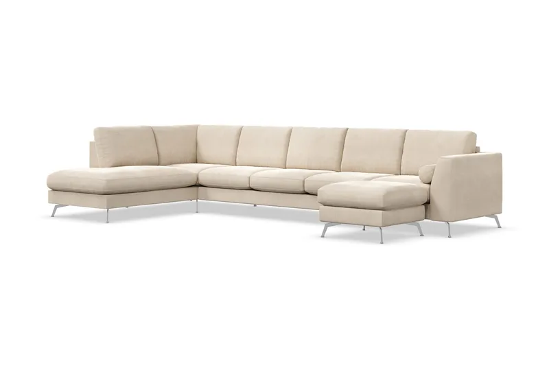 Ocean Lyx 6-sits Vänstervänd U-formad Soffa med Divan och Schäslong + Fotpall i Sammet - Beige - Möbler - Soffa - Divansoffor & schäslongsoffa