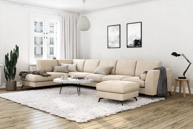Ocean Lyx 6-sits Vänstervänd U-formad Soffa med Divan och Schäslong + Fotpall i Sammet - Beige - Möbler - Soffa - Divansoffor & schäslongsoffa