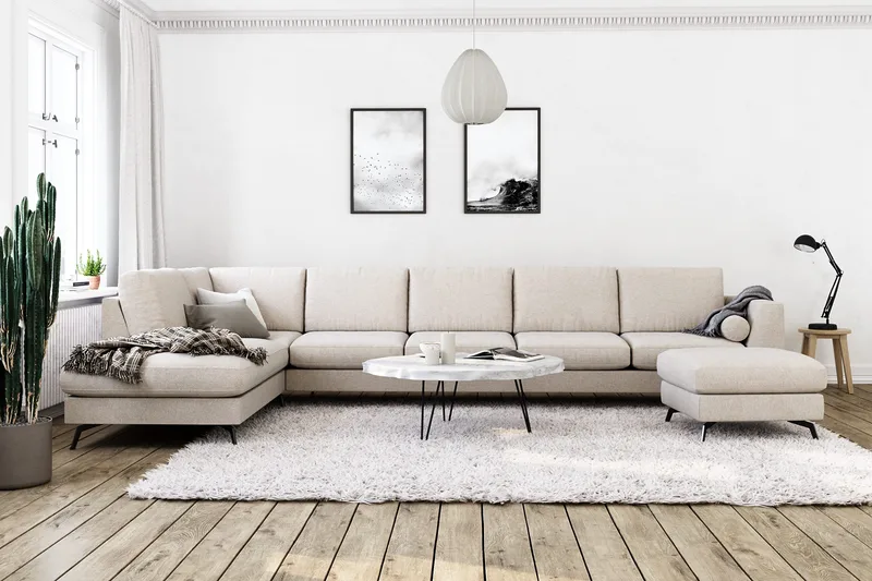 Ocean Lyx 6-sits Vänstervänd U-formad Soffa med Divan och Schäslong + Fotpall i Tyg - Beige - Möbler - Soffa - Divansoffor & schäslongsoffa