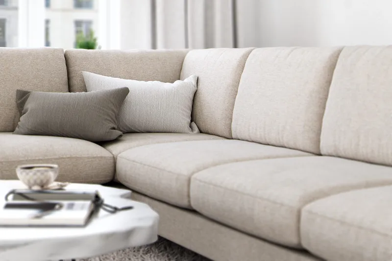 Ocean Lyx 6-sits Vänstervänd U-formad Soffa med Divan och Schäslong + Fotpall i Tyg - Beige - Möbler - Soffa - Divansoffor & schäslongsoffa