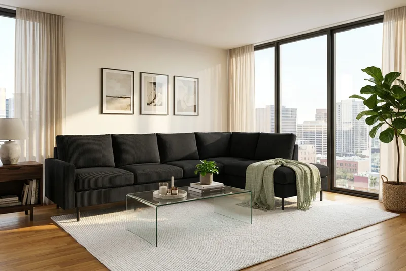 Peppe 4-sits Högervänd L-formad Schäslongsoffa i Manchester - Svart - Möbler - Soffa - Divansoffor & schäslongsoffa