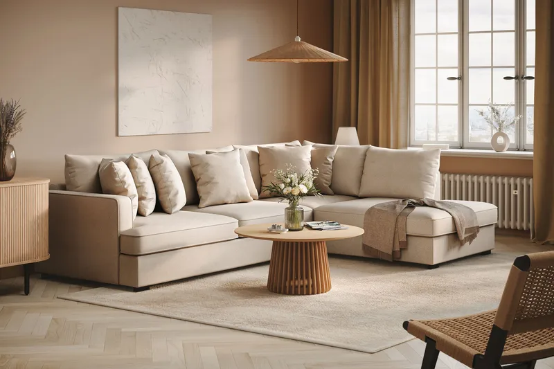 Rossita 4-sits Högervänd L-formad Djup Schäslongsoffa i Bouclé - Beige - Möbler - Soffa - Divansoffor & schäslongsoffa