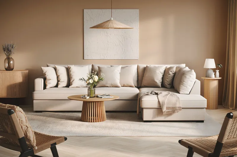 Rossita 4-sits Högervänd L-formad Djup Schäslongsoffa i Bouclé - Beige - Möbler - Soffa - Divansoffor & schäslongsoffa