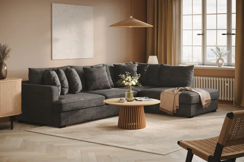 Rossita 4-sits Högervänd L-formad Djup Schäslongsoffa i Chenille - Trenza 01, Svart Chenille - Möbler - Soffa - Divansoffor & schäslongsoffa