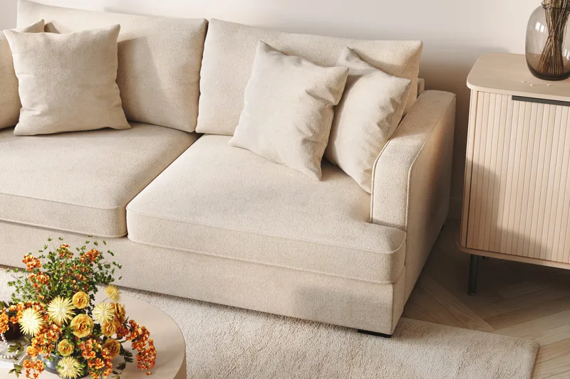 Rossita 4-sits Högervänd L-formad Djup Schäslongsoffa i Chenille - Trenza 06, Beige Chenille - Möbler - Soffa - Divansoffor & schäslongsoffa