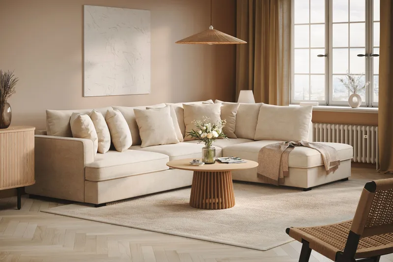 Rossita 4-sits Högervänd L-formad Djup Schäslongsoffa i Chenille - Trenza 06, Beige Chenille - Möbler - Soffa - Divansoffor & schäslongsoffa