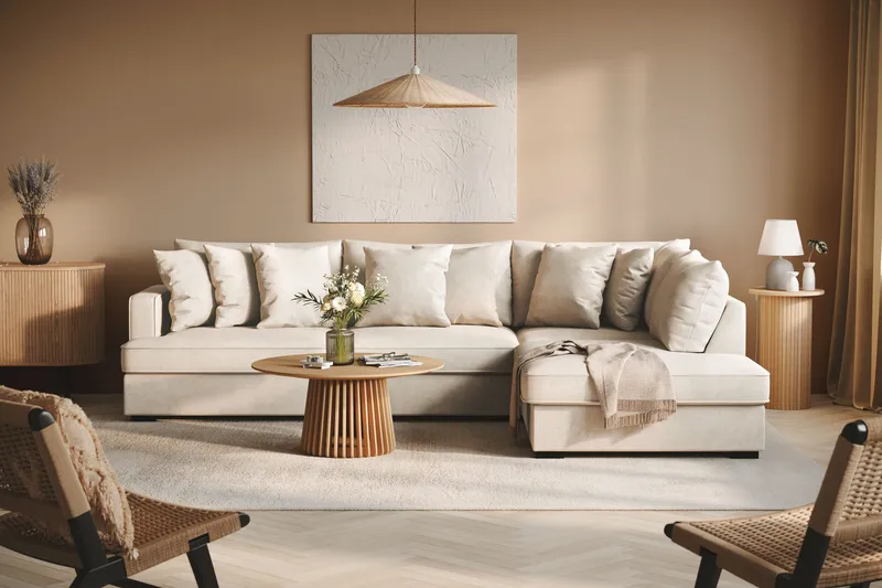 Rossita 4-sits Högervänd L-formad Djup Schäslongsoffa i Tyg - Beige - Möbler - Soffa - Divansoffor & schäslongsoffa