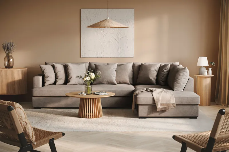 Rossita 4-sits Högervänd L-formad Djup Schäslongsoffa i Tyg - Brun - Möbler - Soffa - Divansoffor & schäslongsoffa