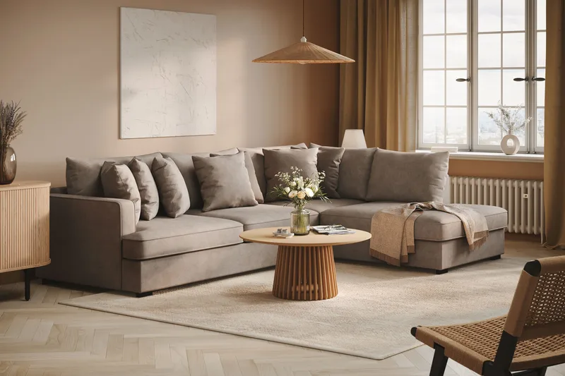 Rossita 4-sits Högervänd L-formad Djup Schäslongsoffa i Tyg - Brun - Möbler - Soffa - Divansoffor & schäslongsoffa